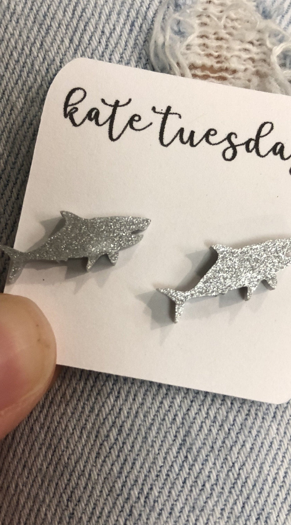 Silver Baby Shark Glittery Acrylic Earrings
