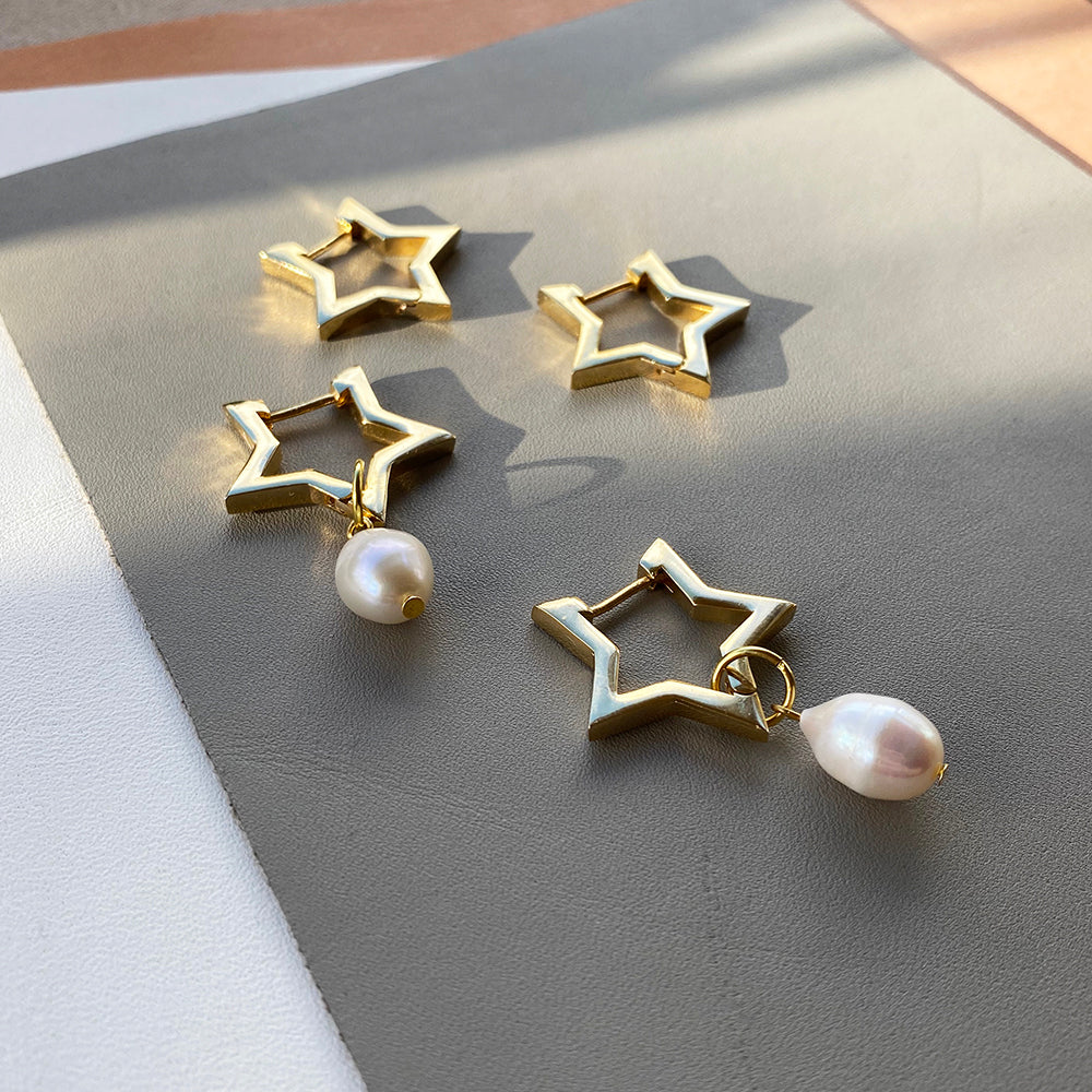 Star Hoop Pearl Earrings
