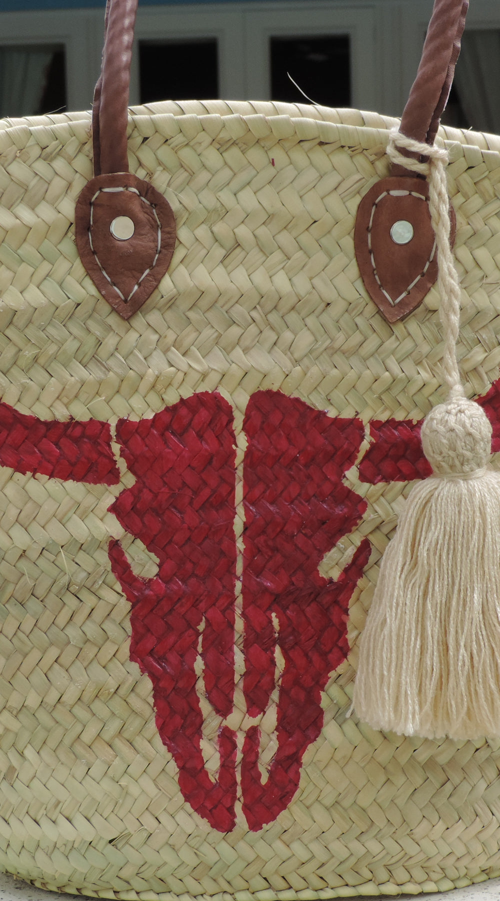 Straw Bag with Hand-Painted Cow Skull