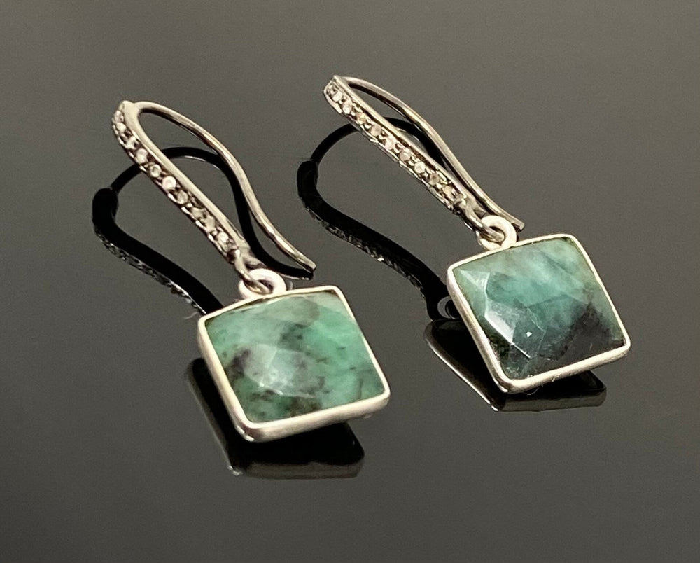 Genuine Emerald Earrings, Pave Diamond Earrings, Sterling Silver