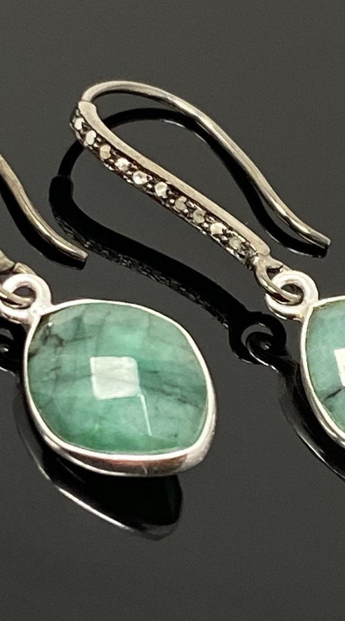 Load image into Gallery viewer, Genuine Emerald Earrings, Pave Diamond Earrings, Sterling Silver
