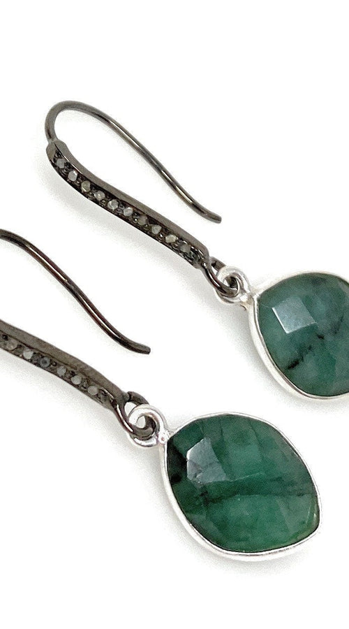 Load image into Gallery viewer, Genuine Emerald Earrings, Pave Diamond Earrings, Sterling Silver
