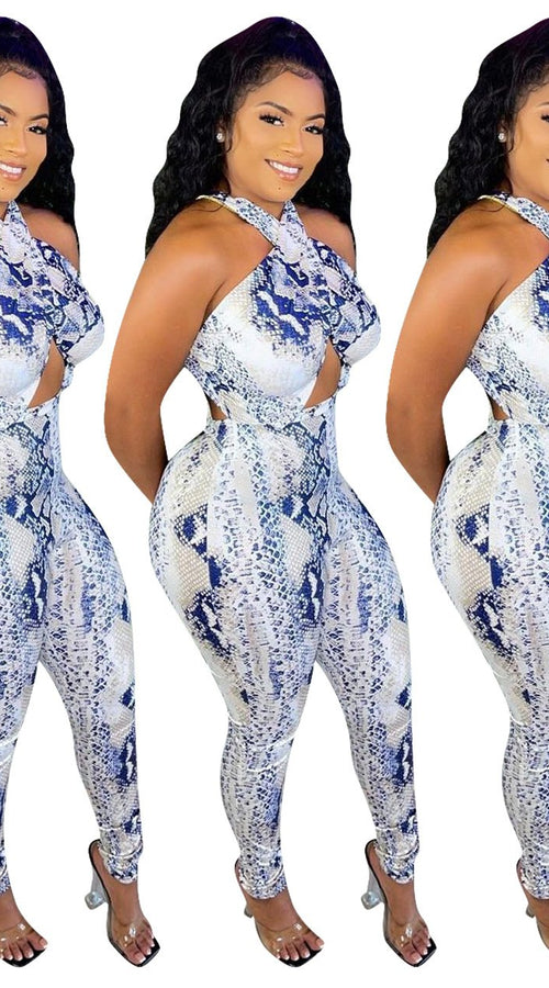 Load image into Gallery viewer, Women Clothing  Sexy Snakeskin Pattern Road Halter Jumpsuit   Women
